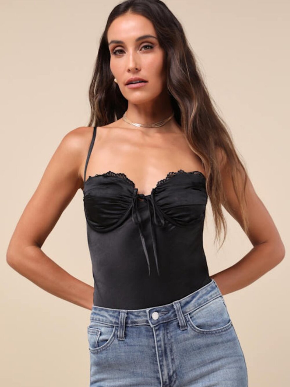 Lulus Stunning Choice Black Satin Tie-front Lace Cami Bodysuit - Size S